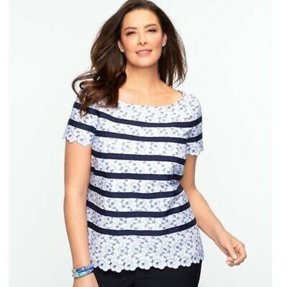 Talbots Tops - Talbots | Blue Embroidered Eyelet Floral Striped Nautical Blouse